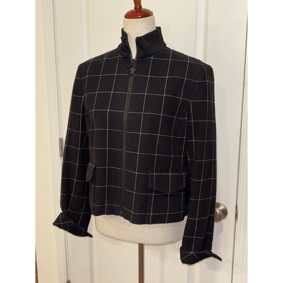 AKRIS Punto Black Windowpane 100% Wool Zip Jacket Women's US 10 - Picture 2 of 9